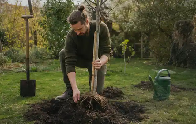 Person setzt einen jungen Zierbaum in ein vorbereitetes Pflanzloch im Garten; Thema Sonnenpflanzen, Schwerpunkt Wachstum; Umsetzung.