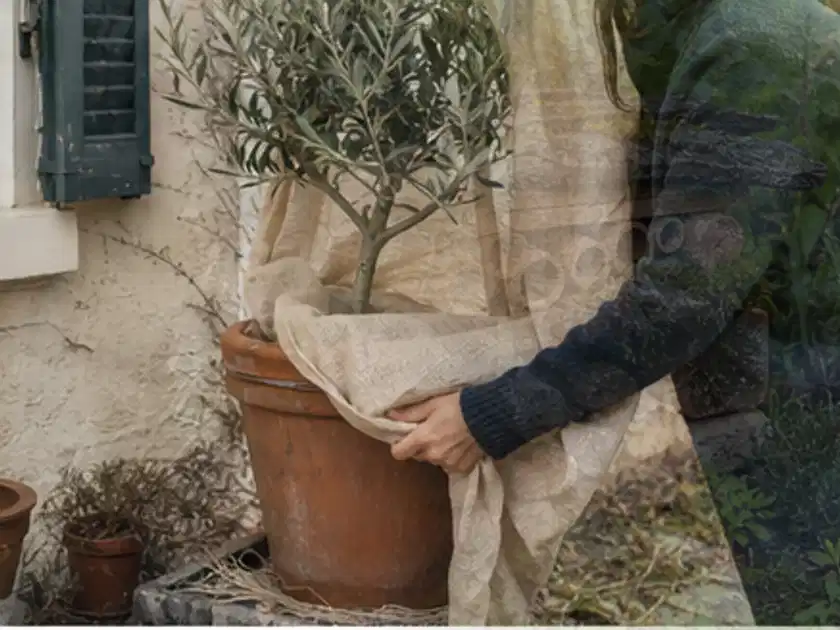 Person umhüllt eine mediterrane Kübelpflanze mit atmungsaktivem Winterschutz; Thema Sonnenpflanzen, Schwerpunkt Winterpflege; Titelbild.