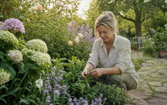 Person pflegt üppige Pflanzen in einem natürlich beleuchteten Garten; Thema Sonnenpflanzen, Schwerpunkt Winterpflege; Kontrolle.