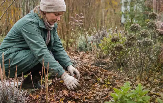 Person verteilt eine schützende Mulchschicht zwischen winterlichen Stauden; Thema Sonnenpflanzen, Schwerpunkt Winterpflege; Ergebnis.