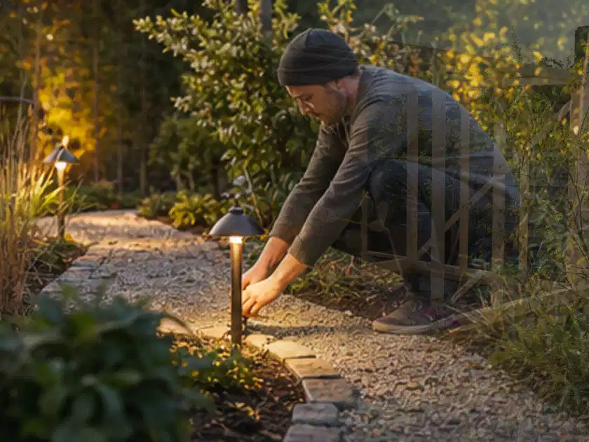 Person richtet eine niedrige warm leuchtende Gartenlampe am Kiesweg aus; Thema Sonnenschirme, Schwerpunkt Anwendung; Titelbild.