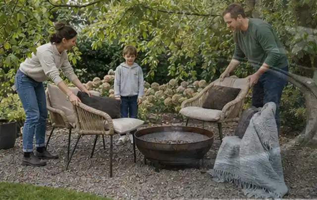 Familie stellt wetterfeste Sessel an einem geschützten Sitzplatz im Garten auf; Thema Sonnenschirme, Schwerpunkt Anwendung; Kontrolle.