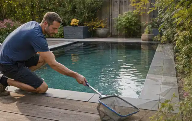 Person entfernt Blätter mit einem Kescher aus einem kleinen Gartenpool; Thema Sonnenschirme, Schwerpunkt Anwendung; Ergebnis.