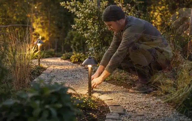 Person richtet eine niedrige warm leuchtende Gartenlampe am Kiesweg aus; Thema Sonnenschirme, Schwerpunkt Bestenliste; Umsetzung.