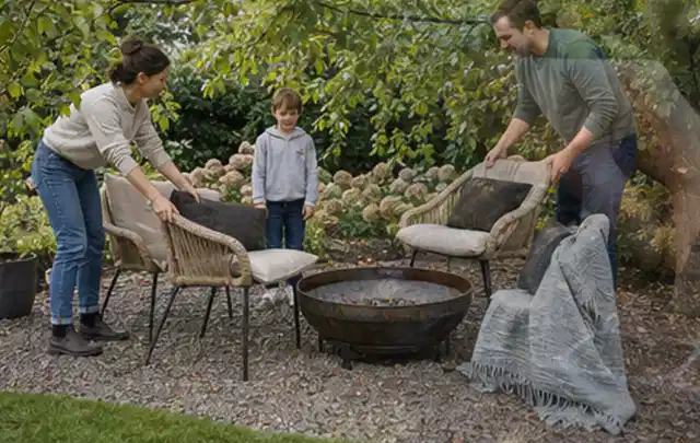 Familie stellt wetterfeste Sessel an einem geschützten Sitzplatz im Garten auf; Thema Sonnenschirme, Schwerpunkt Bestenliste; Ergebnis.