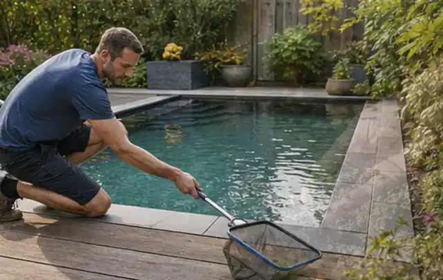 Person entfernt Blätter mit einem Kescher aus einem kleinen Gartenpool; Thema Sonnenschirme, Schwerpunkt Bestenliste; Praxisalltag.