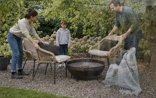 Familie stellt wetterfeste Sessel an einem geschützten Sitzplatz im Garten auf; Thema Sonnenschirme, Schwerpunkt Checkliste; Kontrolle.