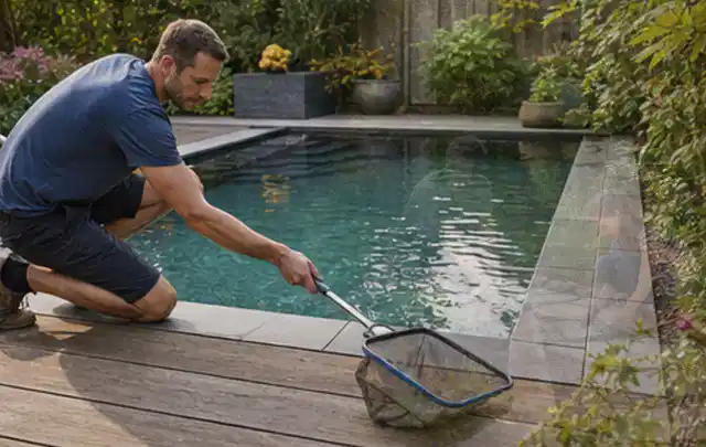 Person entfernt Blätter mit einem Kescher aus einem kleinen Gartenpool; Thema Sonnenschirme, Schwerpunkt Checkliste; Ergebnis.