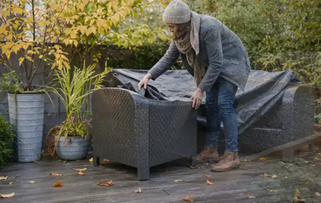 Person deckt Gartenmöbel vor der kalten Jahreszeit sorgfältig ab; Thema Sonnenschirme, Schwerpunkt Dimensionierung; Ausgangslage.