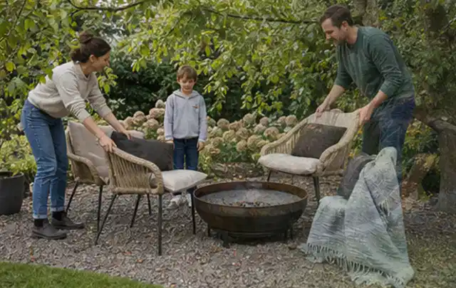 Familie stellt wetterfeste Sessel an einem geschützten Sitzplatz im Garten auf; Thema Sonnenschirme, Schwerpunkt Dimensionierung; Umsetzung.