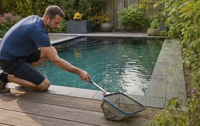 Person entfernt Blätter mit einem Kescher aus einem kleinen Gartenpool; Thema Sonnenschirme, Schwerpunkt Dimensionierung; Kontrolle.
