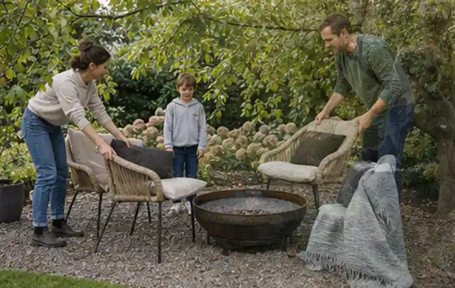 Familie stellt wetterfeste Sessel an einem geschützten Sitzplatz im Garten auf; Thema Sonnenschirme, Schwerpunkt Ersatzteile; Ergebnis.