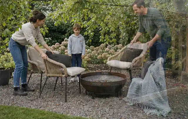 Familie stellt wetterfeste Sessel an einem geschützten Sitzplatz im Garten auf; Thema Sonnenschirme, Schwerpunkt Fehlerhilfe; Praxisalltag.
