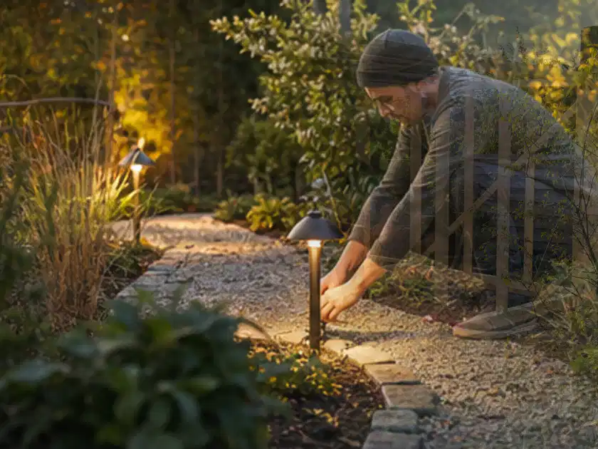 Person richtet eine niedrige warm leuchtende Gartenlampe am Kiesweg aus; Thema Sonnenschirme, Schwerpunkt Gärten mit großer Fläche; Titelbild.