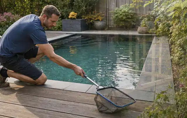 Person entfernt Blätter mit einem Kescher aus einem kleinen Gartenpool; Thema Sonnenschirme, Schwerpunkt Gärten mit großer Fläche; Ausgangslage.