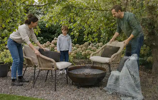 Familie stellt wetterfeste Sessel an einem geschützten Sitzplatz im Garten auf; Thema Sonnenschirme, Schwerpunkt Gärten mit großer Fläche; Umsetzung.