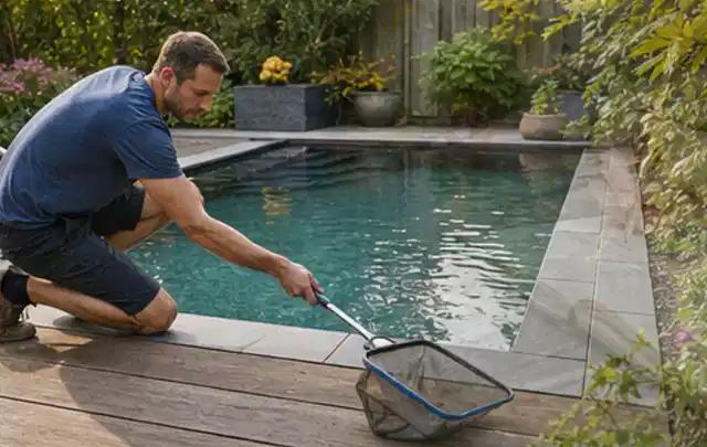 Person entfernt Blätter mit einem Kescher aus einem kleinen Gartenpool; Thema Sonnenschirme, Schwerpunkt Gärten mit kleiner Fläche; Praxisalltag.