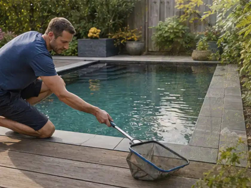 Person entfernt Blätter mit einem Kescher aus einem kleinen Gartenpool; Thema Sonnenschirme, Schwerpunkt Kaufberatung; Titelbild.
