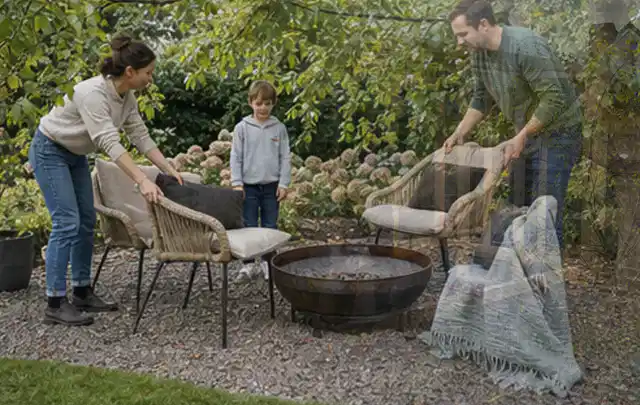 Familie stellt wetterfeste Sessel an einem geschützten Sitzplatz im Garten auf; Thema Sonnenschirme, Schwerpunkt Kaufberatung; Ausgangslage.