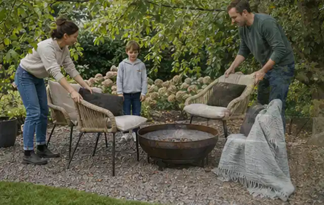 Familie stellt wetterfeste Sessel an einem geschützten Sitzplatz im Garten auf; Thema Sonnenschirme, Schwerpunkt Kosten; Ausgangslage.