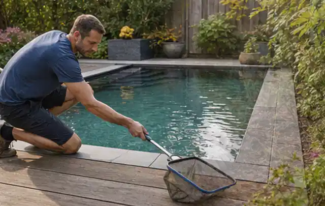 Person entfernt Blätter mit einem Kescher aus einem kleinen Gartenpool; Thema Sonnenschirme, Schwerpunkt Kosten; Ergebnis.