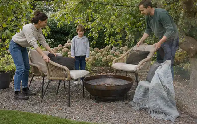 Familie stellt wetterfeste Sessel an einem geschützten Sitzplatz im Garten auf; Thema Sonnenschirme, Schwerpunkt Nachhaltigkeit; Ergebnis.