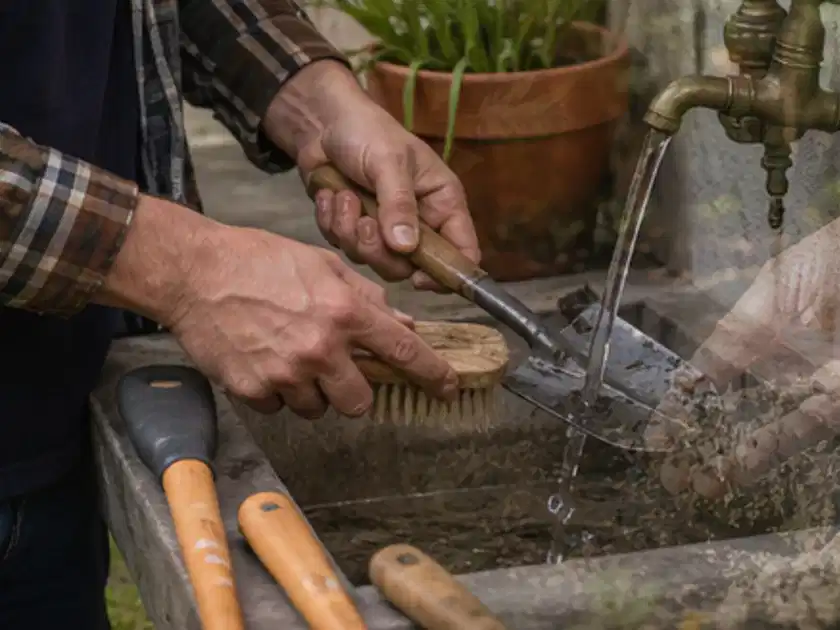 Hände reinigen gebrauchte Gartengeräte mit Bürste und Wasser am Außenbecken; Thema Sonnenschirme, Schwerpunkt Reinigung; Titelbild.