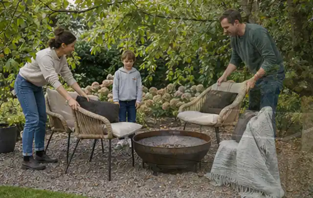 Familie stellt wetterfeste Sessel an einem geschützten Sitzplatz im Garten auf; Thema Sonnenschirme, Schwerpunkt Reinigung; Kontrolle.