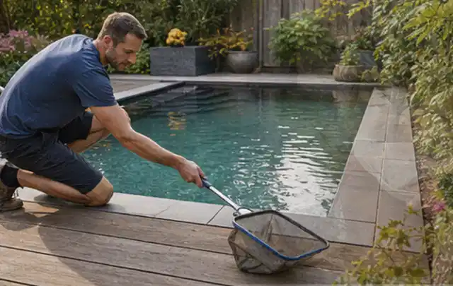 Person entfernt Blätter mit einem Kescher aus einem kleinen Gartenpool; Thema Sonnenschirme, Schwerpunkt Sicherheit; Kontrolle.