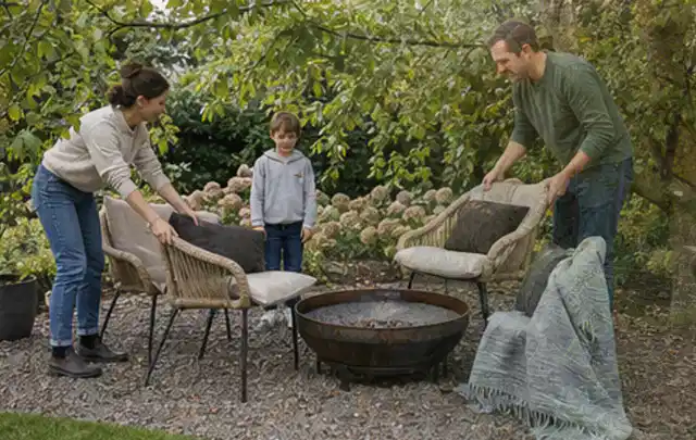 Familie stellt wetterfeste Sessel an einem geschützten Sitzplatz im Garten auf; Thema Sonnenschirme, Schwerpunkt Sicherheit; Ergebnis.