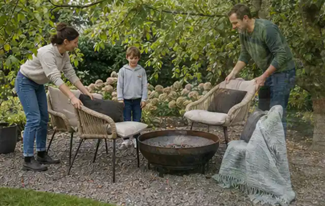 Familie stellt wetterfeste Sessel an einem geschützten Sitzplatz im Garten auf; Thema Sonnenschirme, Schwerpunkt Systemvergleich; Kontrolle.