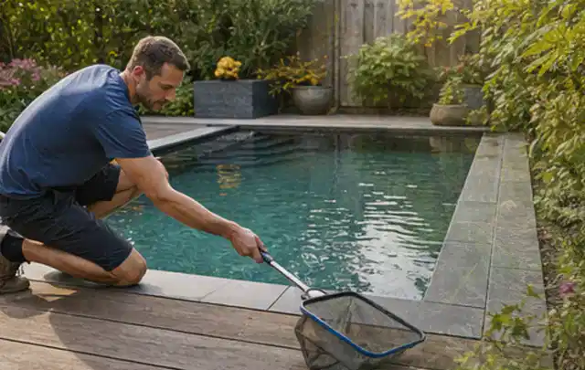 Person entfernt Blätter mit einem Kescher aus einem kleinen Gartenpool; Thema Sonnenschirme, Schwerpunkt Testkriterien; Ausgangslage.