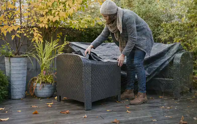 Person deckt Gartenmöbel vor der kalten Jahreszeit sorgfältig ab; Thema Sonnenschirme, Schwerpunkt Testkriterien; Kontrolle.