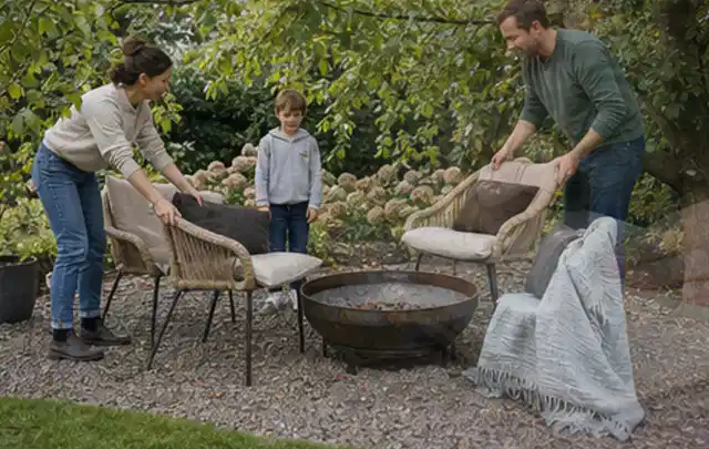 Familie stellt wetterfeste Sessel an einem geschützten Sitzplatz im Garten auf; Thema Sonnenschirme, Schwerpunkt Vergleich; Praxisalltag.