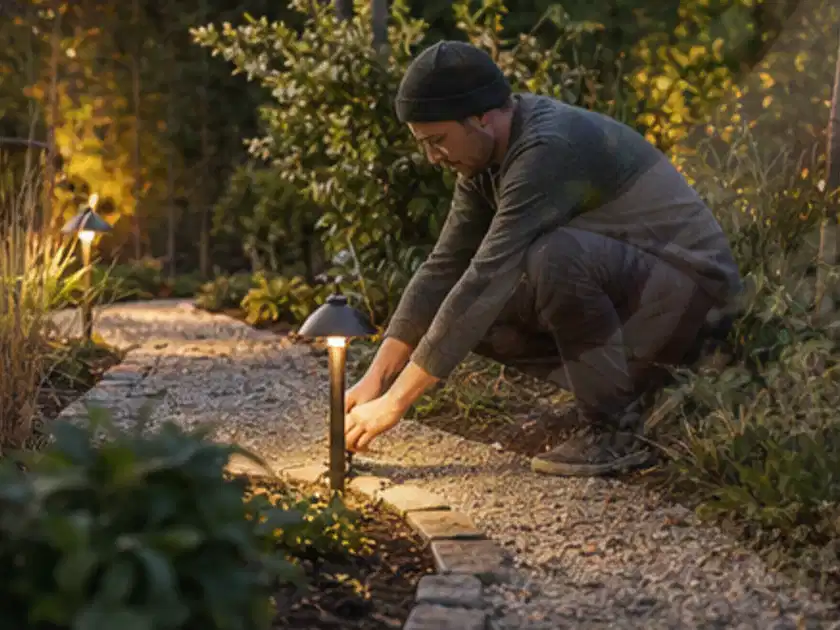 Person richtet eine niedrige warm leuchtende Gartenlampe am Kiesweg aus; Thema Sonnenschirme, Schwerpunkt Wartung; Titelbild.