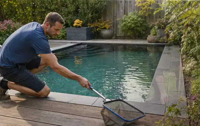 Person entfernt Blätter mit einem Kescher aus einem kleinen Gartenpool; Thema Sonnenschirme, Schwerpunkt Wartung; Praxisalltag.