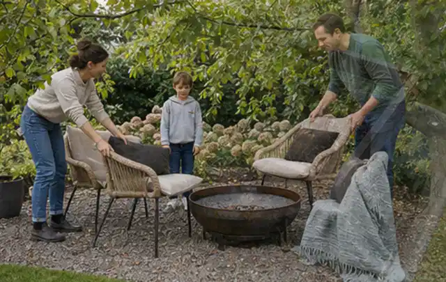 Familie stellt wetterfeste Sessel an einem geschützten Sitzplatz im Garten auf; Thema Sonnenschirme, Schwerpunkt Winterlager; Umsetzung.