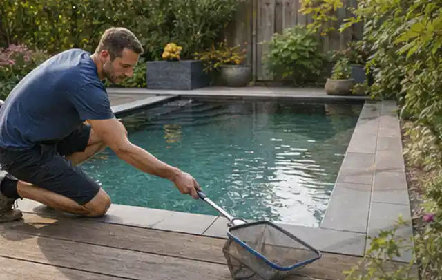 Person entfernt Blätter mit einem Kescher aus einem kleinen Gartenpool; Thema Sonnenschirme, Schwerpunkt Winterlager; Praxisalltag.