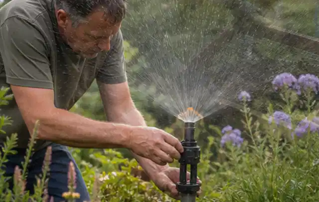 Person richtet einen laufenden Gartensprenger zwischen Stauden präzise aus; Thema Spielrasen, Schwerpunkt Bewässerung; Ausgangslage.