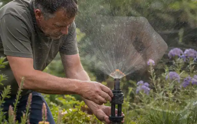 Person richtet einen laufenden Gartensprenger zwischen Stauden präzise aus; Thema Spielrasen, Schwerpunkt Bodenpflege; Ausgangslage.