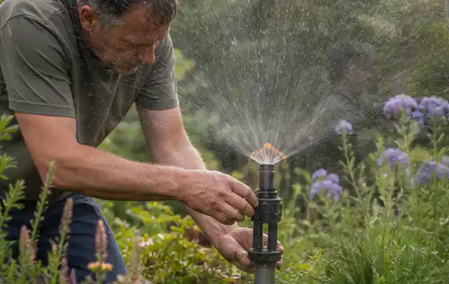 Person richtet einen laufenden Gartensprenger zwischen Stauden präzise aus; Thema Spielrasen, Schwerpunkt Checkliste; Praxisalltag.