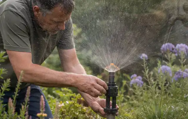 Person richtet einen laufenden Gartensprenger zwischen Stauden präzise aus; Thema Spielrasen, Schwerpunkt Düngung; Umsetzung.