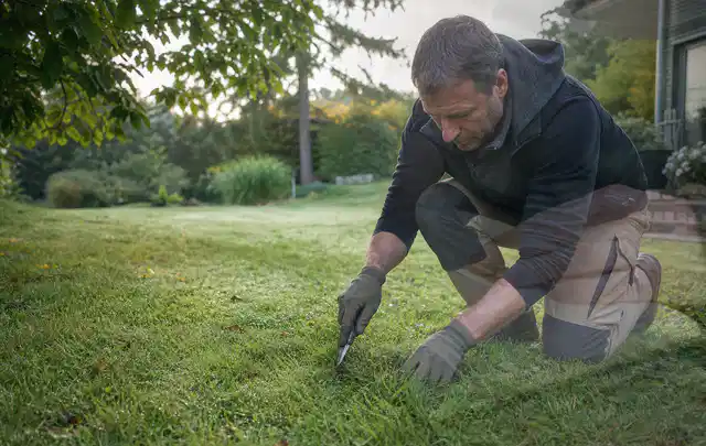 Person prüft den Boden einer gepflegten Rasenfläche im Garten; Thema Spielrasen, Schwerpunkt Einsteigerwissen; Ausgangslage.