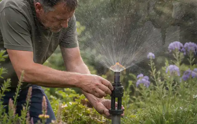 Person richtet einen laufenden Gartensprenger zwischen Stauden präzise aus; Thema Spielrasen, Schwerpunkt Fehlerhilfe; Ausgangslage.
