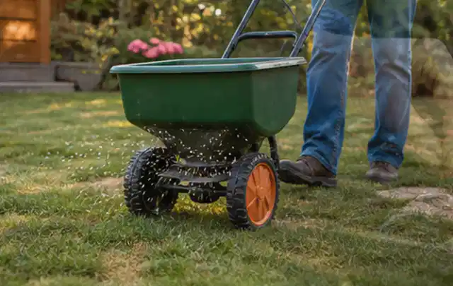 Person verteilt Rasensamen mit einem Streuwagen auf einer lückigen Fläche; Thema Spielrasen, Schwerpunkt Fehlerhilfe; Kontrolle.