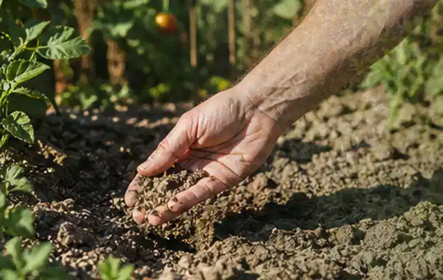 Hand prüft trockene krümelige Gartenerde während einer warmen Sommerphase; Thema Spielrasen, Schwerpunkt Fehlerhilfe; Praxisalltag.