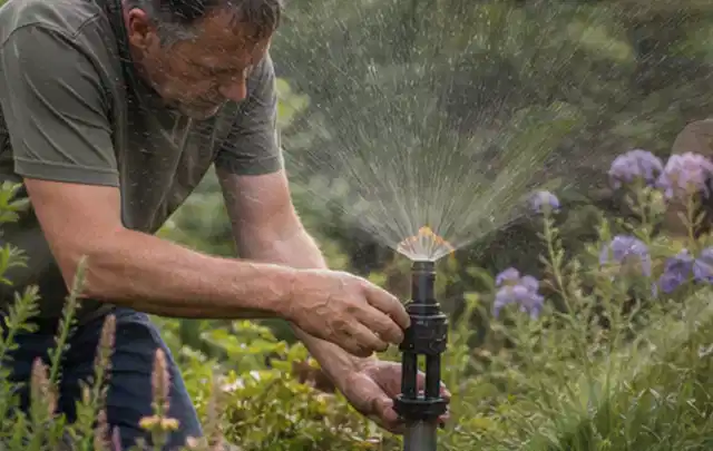 Person richtet einen laufenden Gartensprenger zwischen Stauden präzise aus; Thema Spielrasen, Schwerpunkt Frühjahr; Ausgangslage.