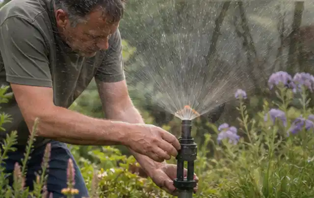 Person richtet einen laufenden Gartensprenger zwischen Stauden präzise aus; Thema Spielrasen, Schwerpunkt Herbstpflege; Umsetzung.