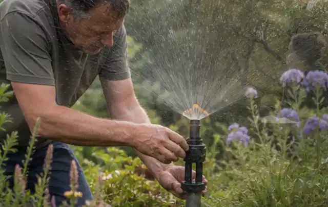 Person richtet einen laufenden Gartensprenger zwischen Stauden präzise aus; Thema Spielrasen, Schwerpunkt Hitzeschutz; Ergebnis.
