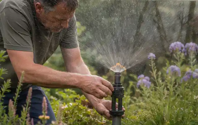 Person richtet einen laufenden Gartensprenger zwischen Stauden präzise aus; Thema Spielrasen, Schwerpunkt Moos; Praxisalltag.